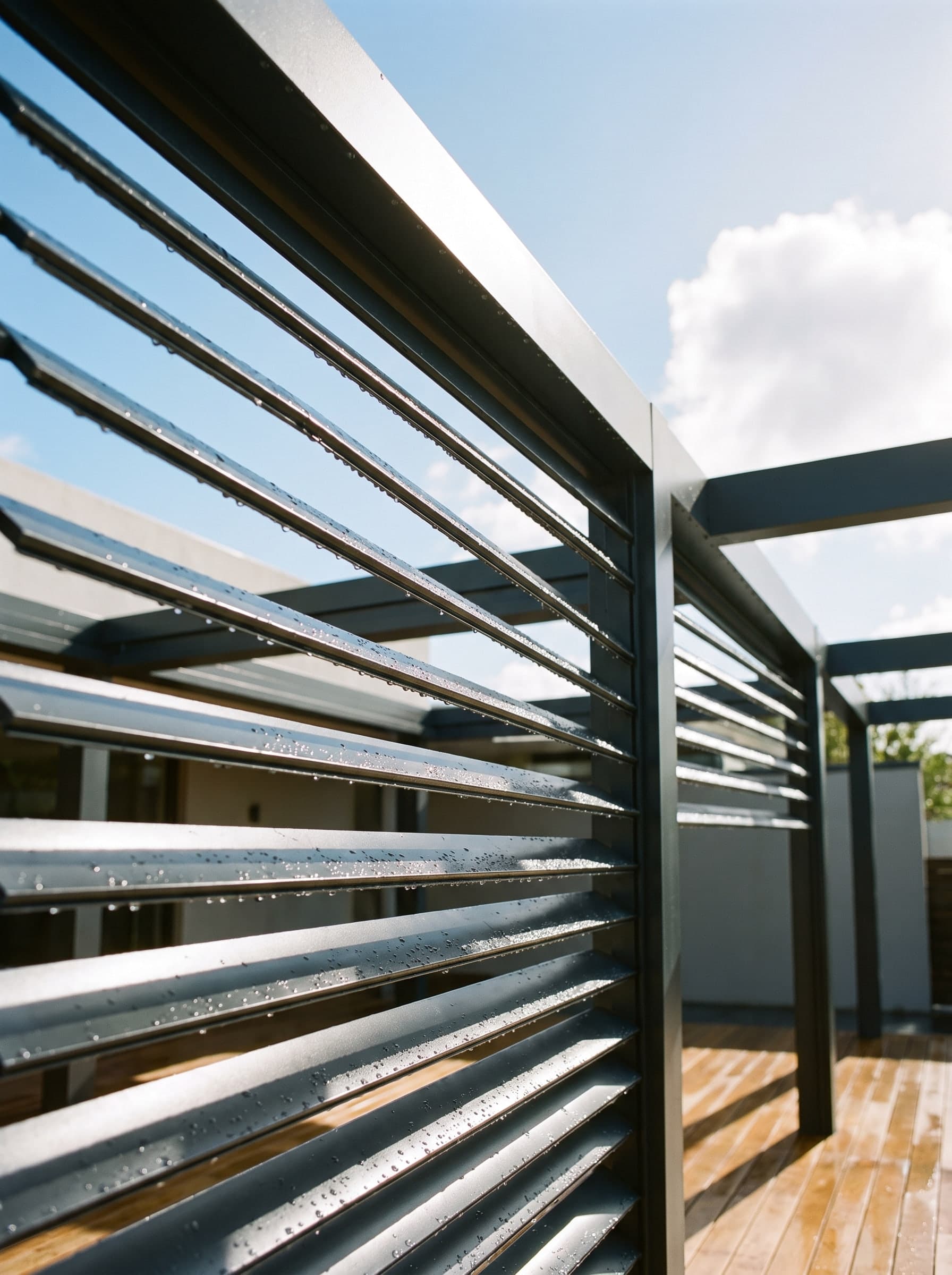 Close-up of dark aluminium louvres with raindrops, opened against a blue sky above a wet timber deck