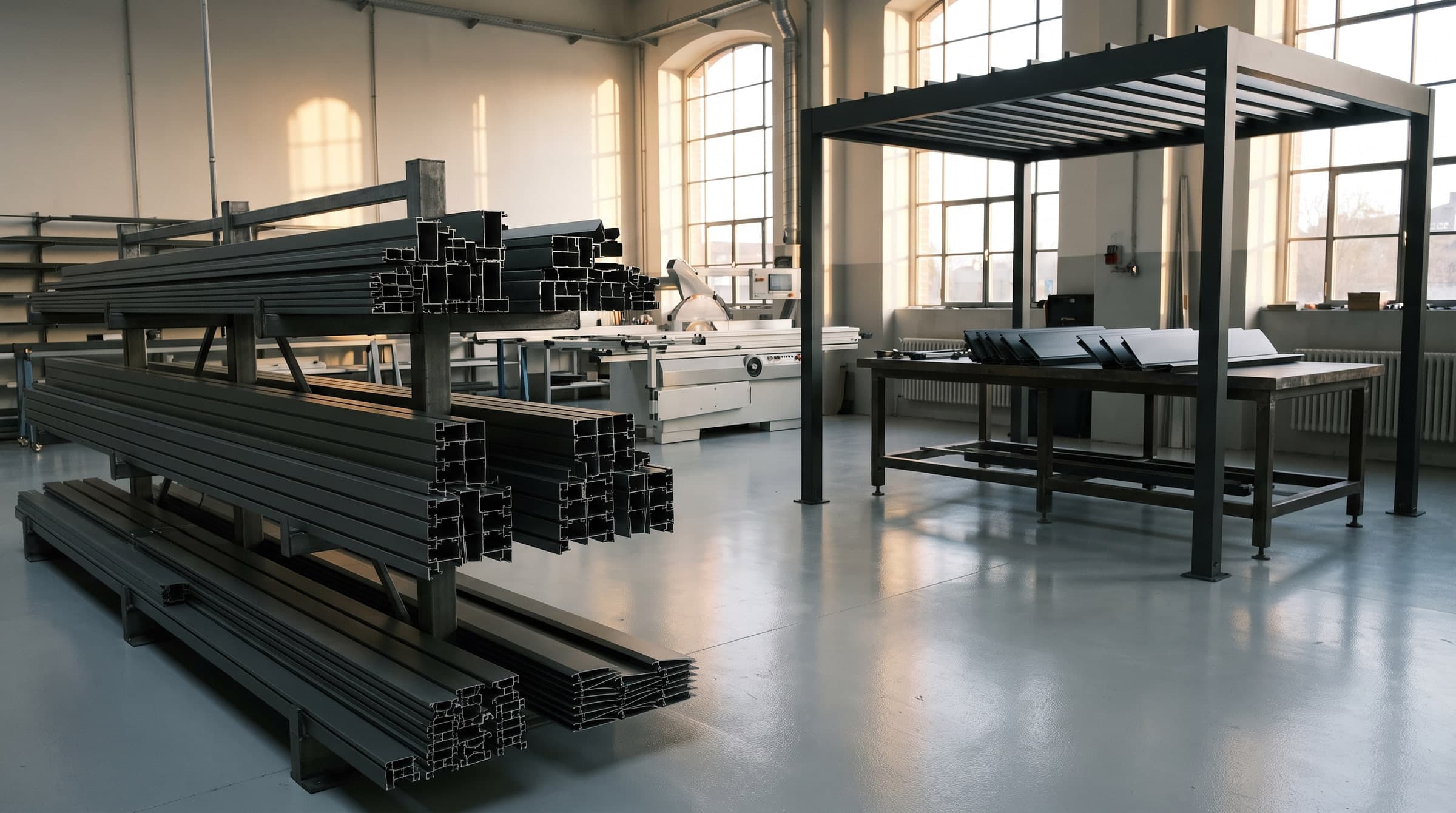 Aluminium profiles on racks and an assembled pergola frame in a factory hall