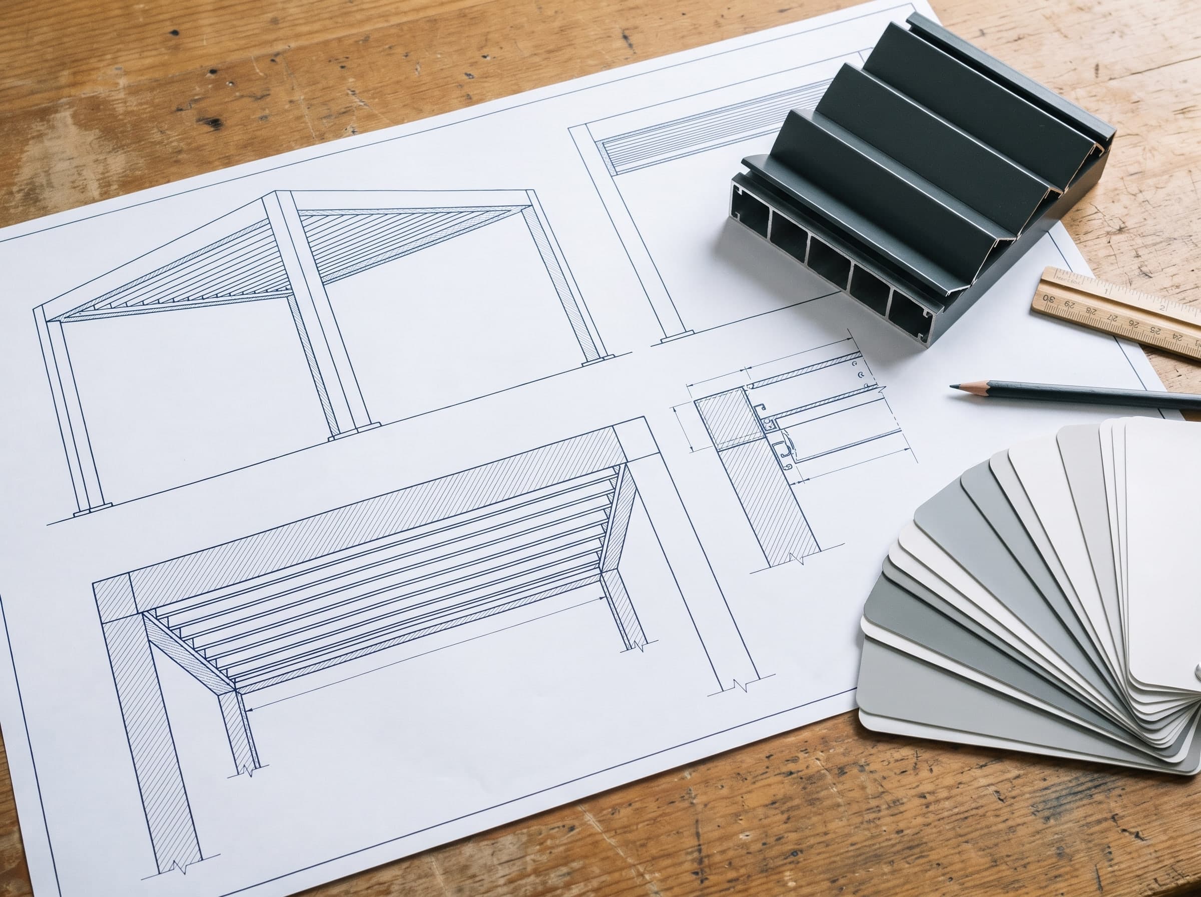 Pergola drawings, an aluminium profile section and a colour chart laid out on a desk