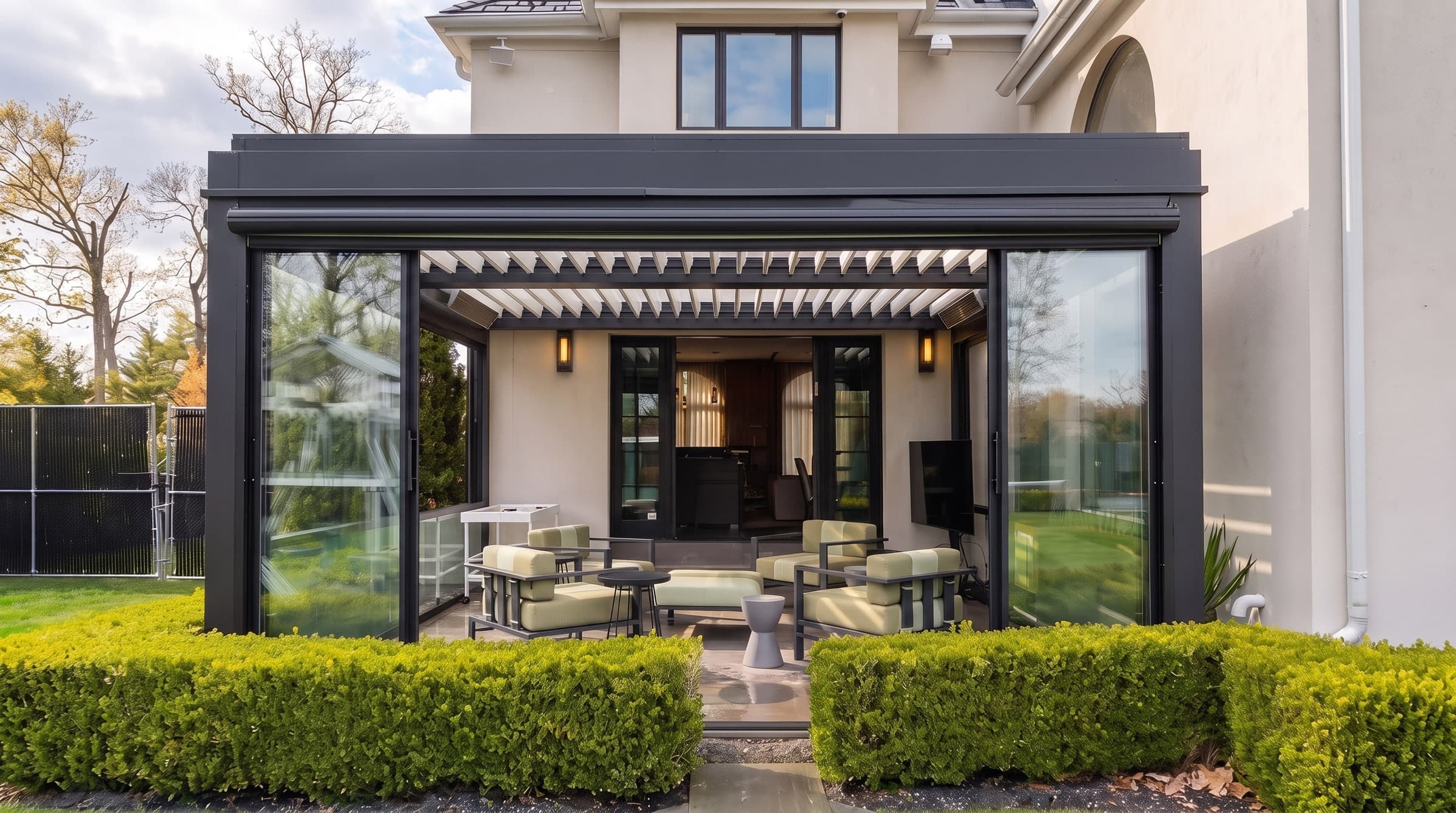 Pergola with opened louvres after the rain, with light reflecting on the wet paving