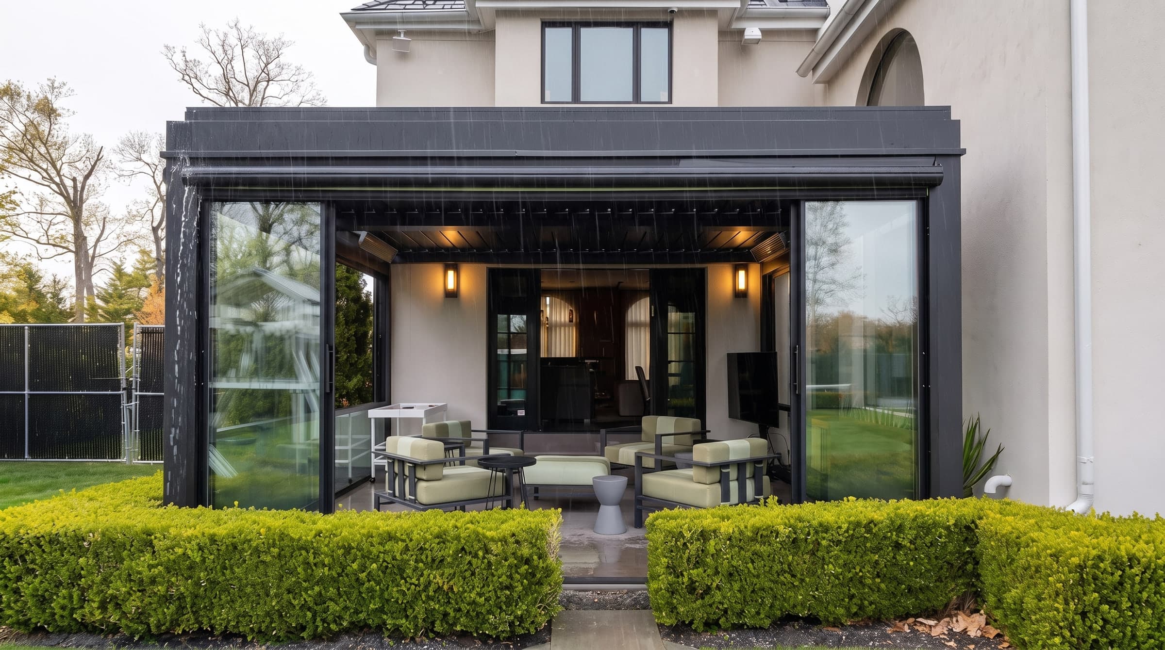 Pergola with closed louvres on a rainy April day; the lounge underneath stays dry while the paving outside is wet