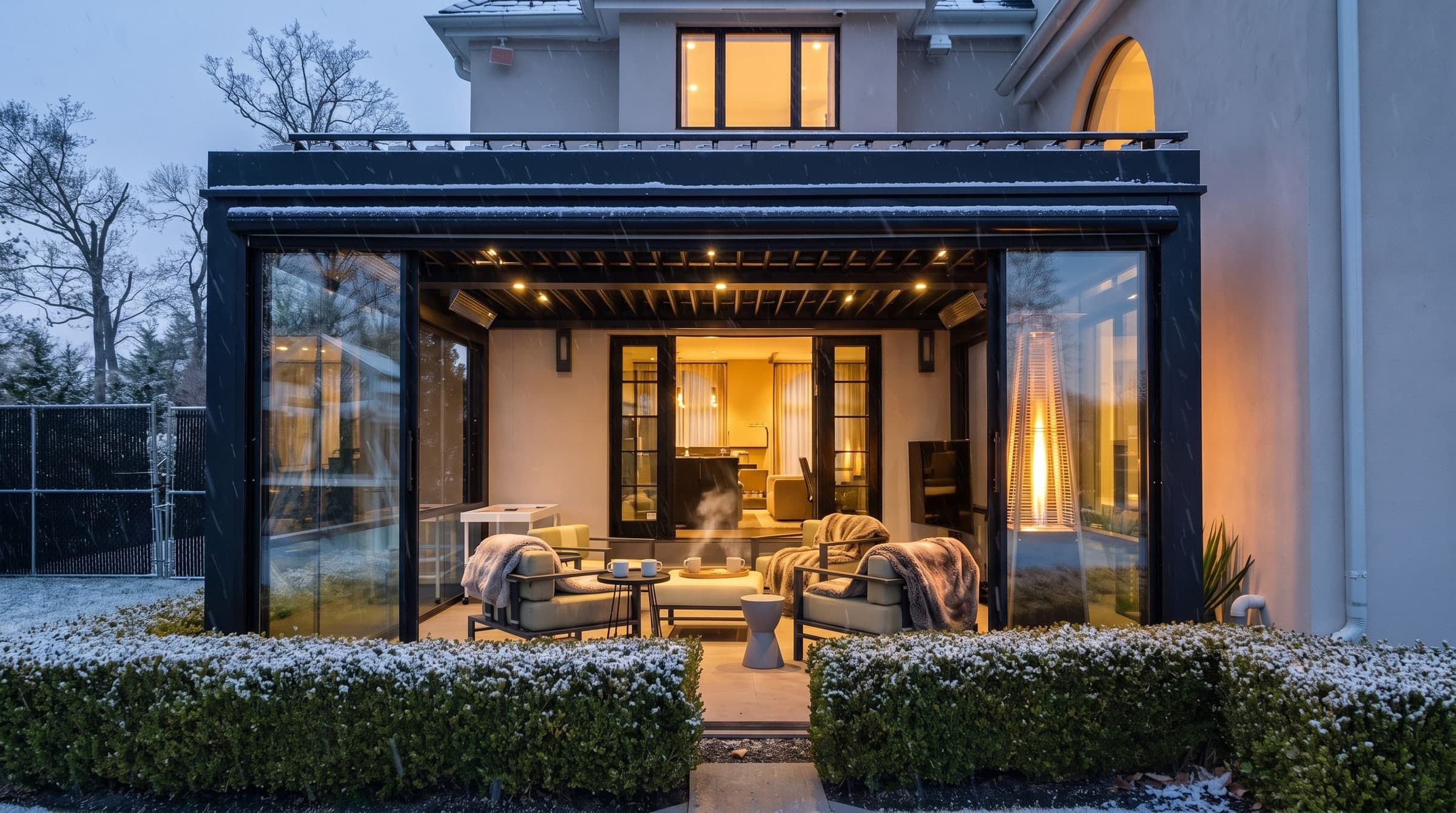 Snowy January night: the pergola closed with glass, a heater glowing and blankets on the chairs