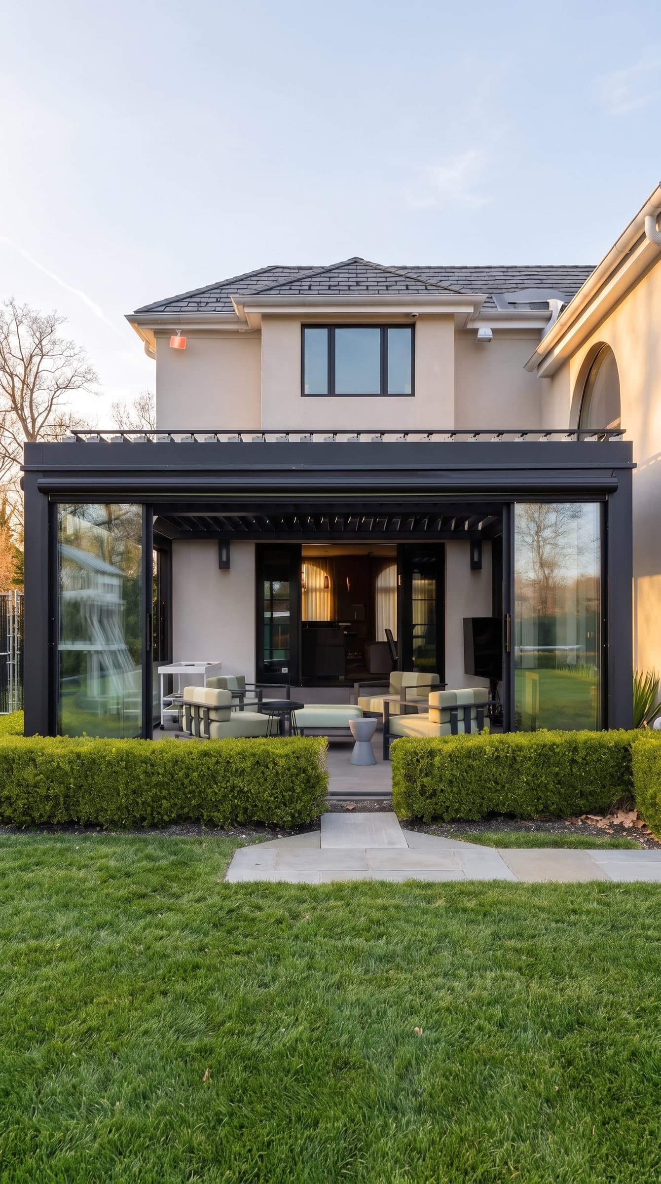 Anthracite louvred pergola in front of a house, glass panels open on both sides and lounge seating, in golden evening light