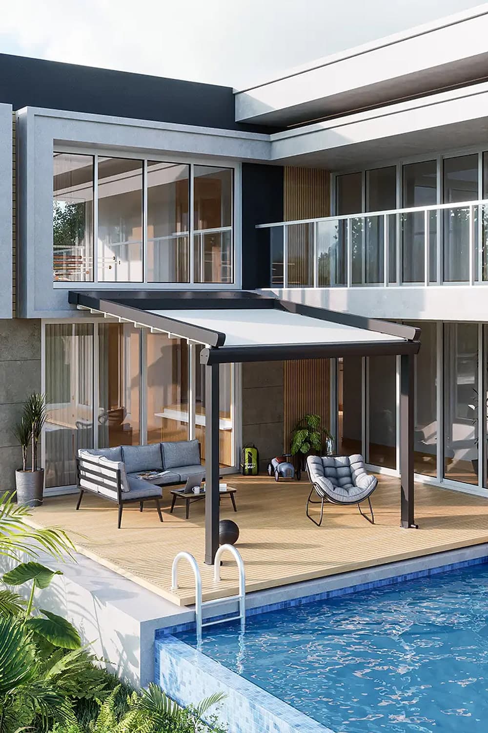 Wall-mounted poolside pergola with a retractable fabric roof on a modern villa terrace above an infinity pool