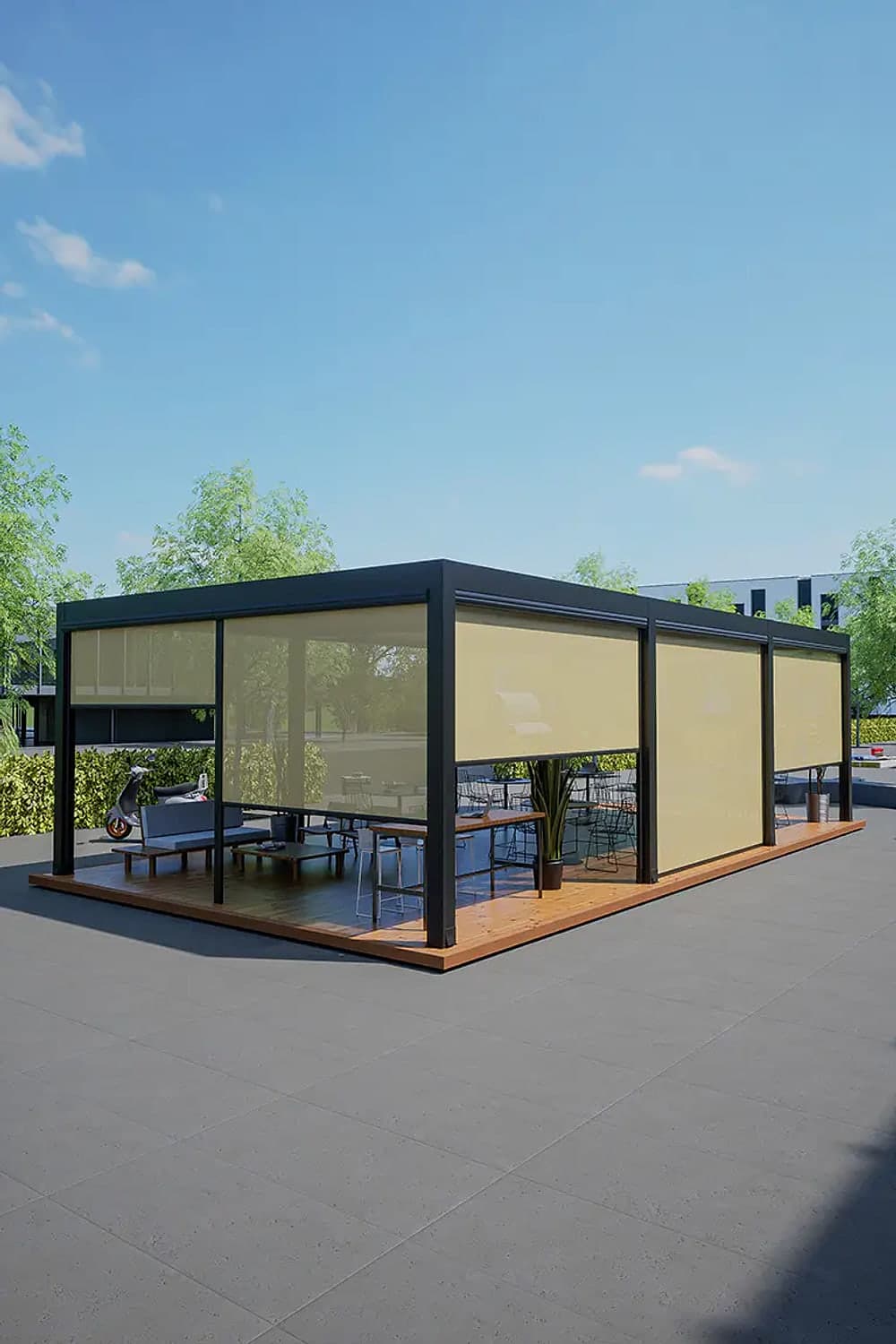 Outdoor shading systems: dark pergola pavilion with beige zip screens partly lowered on all sides above a timber deck