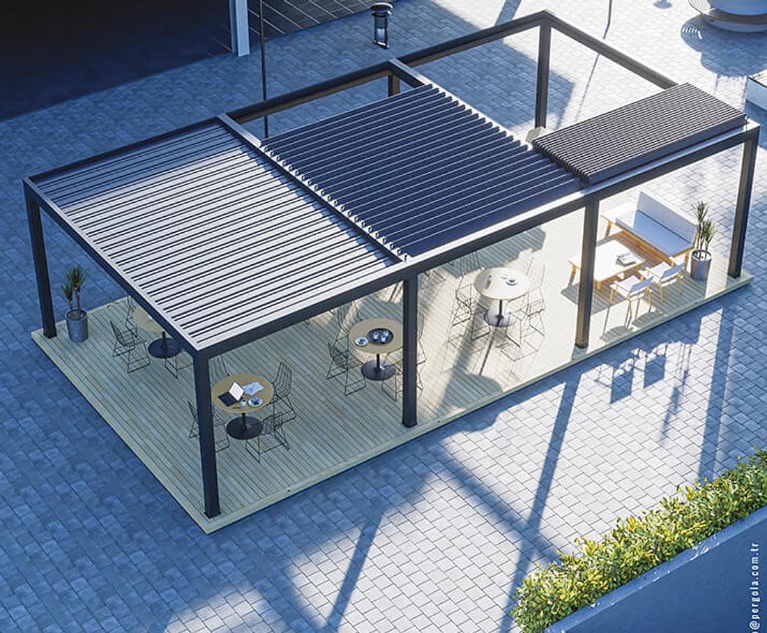 SkyMax bioclimatic pergola on a café terrace in a plaza, with closed, open and retracted roof modules